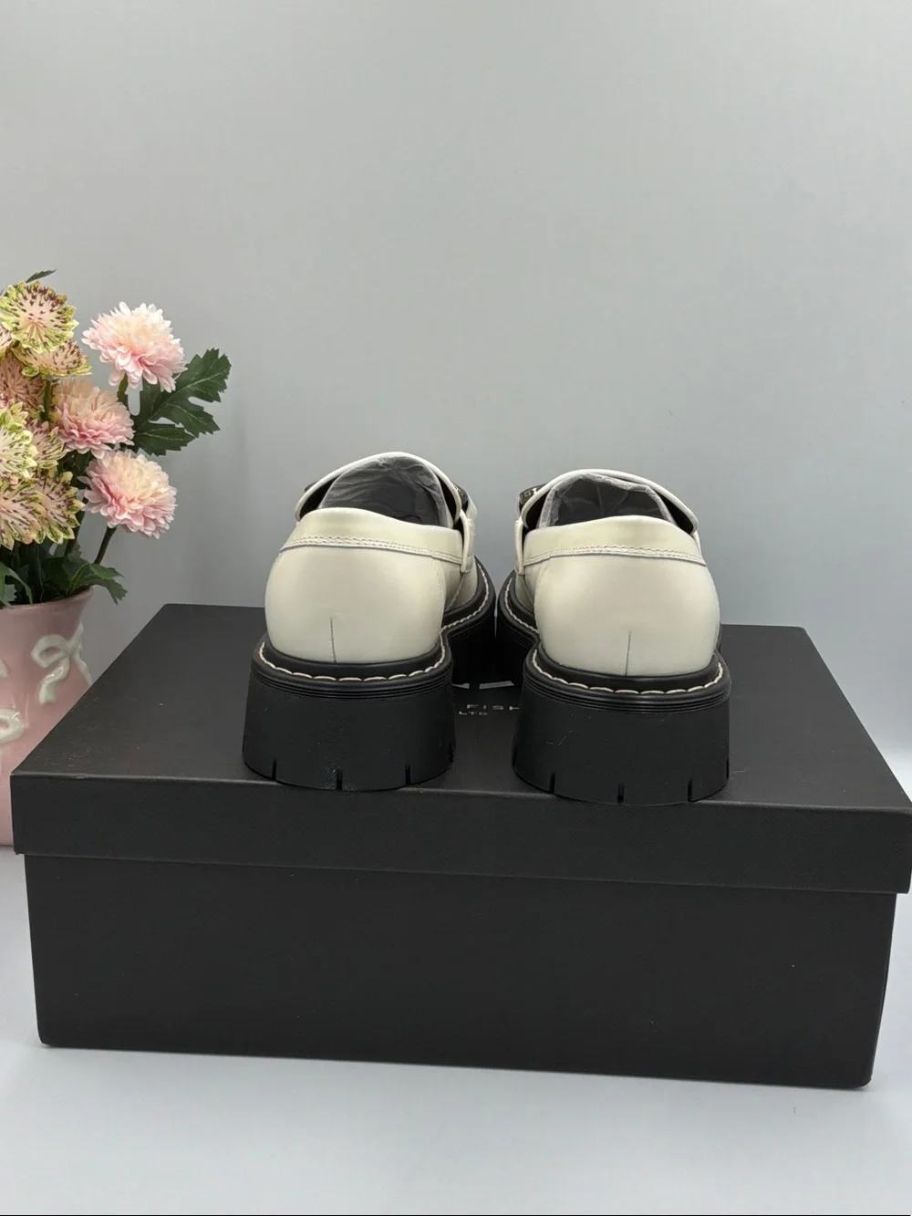 Marc Fisher Cream Leather Lug-Soled Loafers with Silver Chain